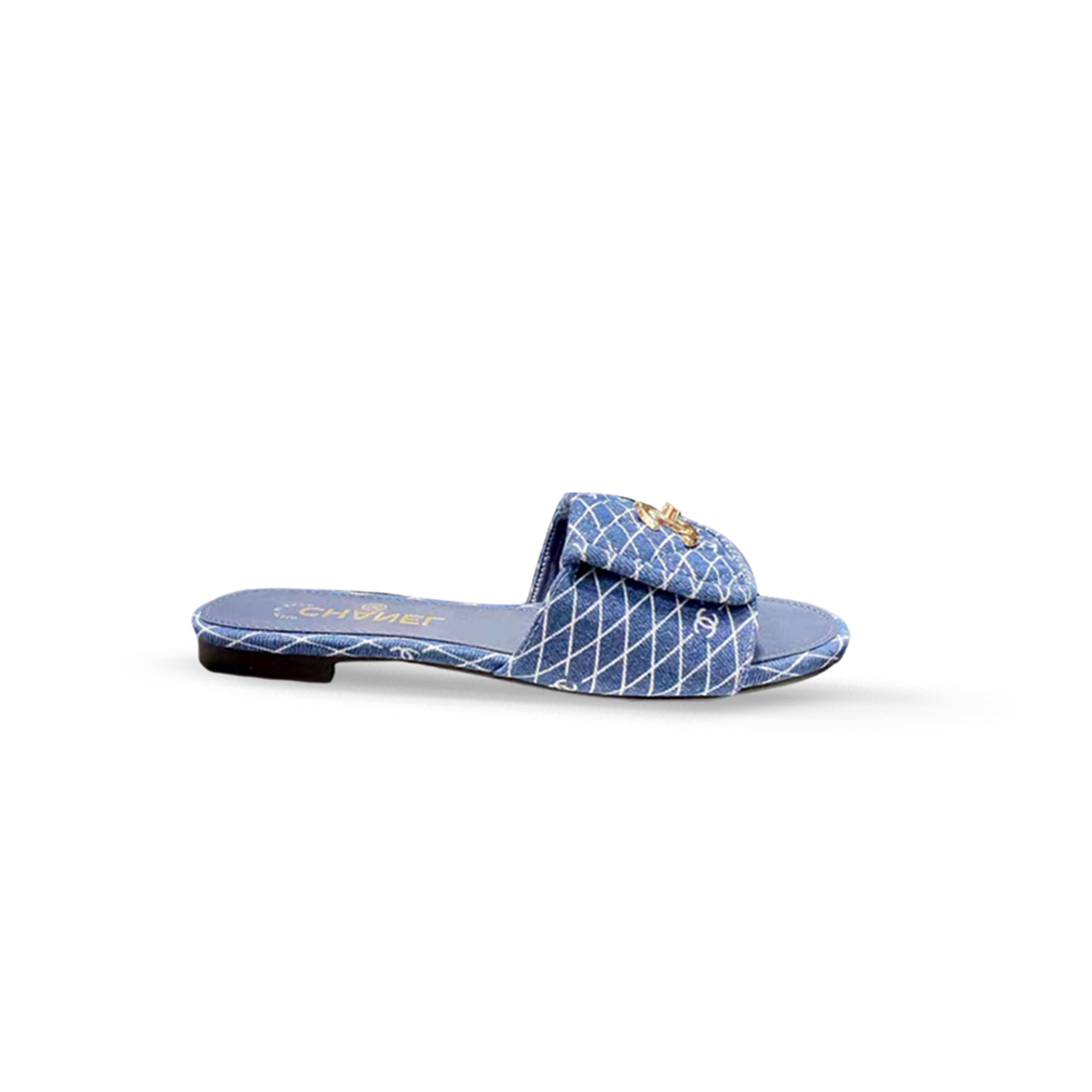 CHANEL DENIM QUILTED TURNLOCK FLAT MULES G46119